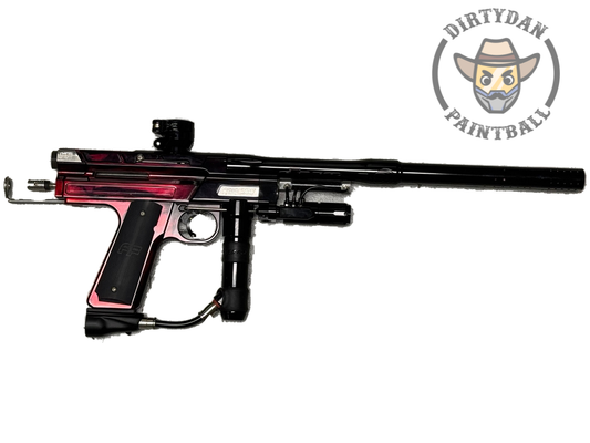 Actual Used DYE Freeflow Clutch Autococker - Gloss Red/Black Fade, side view of this specific paintball marker.
