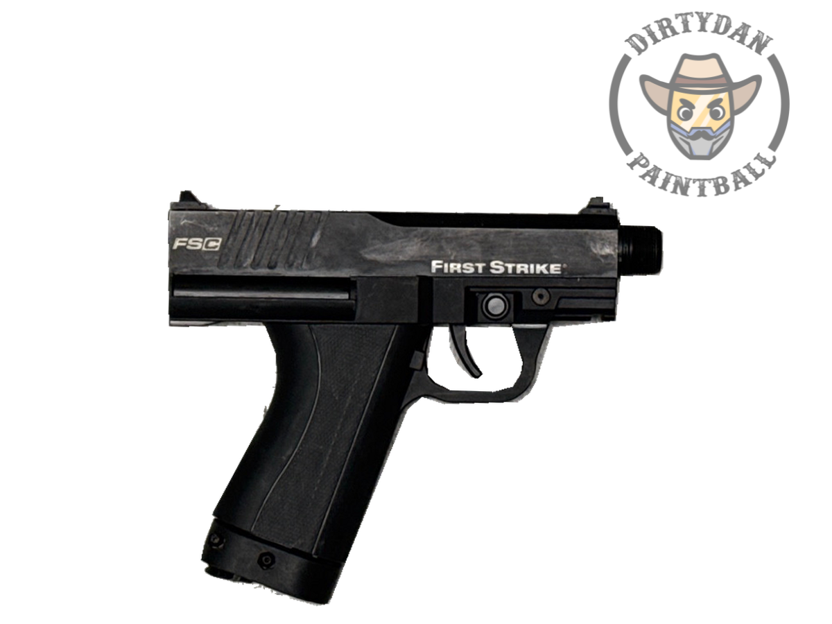 Actual used black First Strike FSC paintball marker, side view