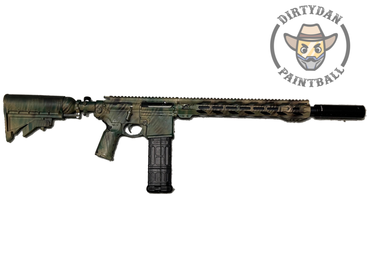 Actual Used RAP4 / MCS 468 DMR Bolt-Action - Camo, side view of this specific paintball marker.