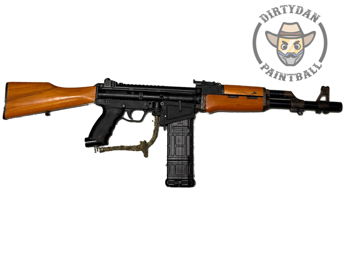 Actual Used TACAMO Vortex AK47 - Real Wood, side view of this specific paintball marker.